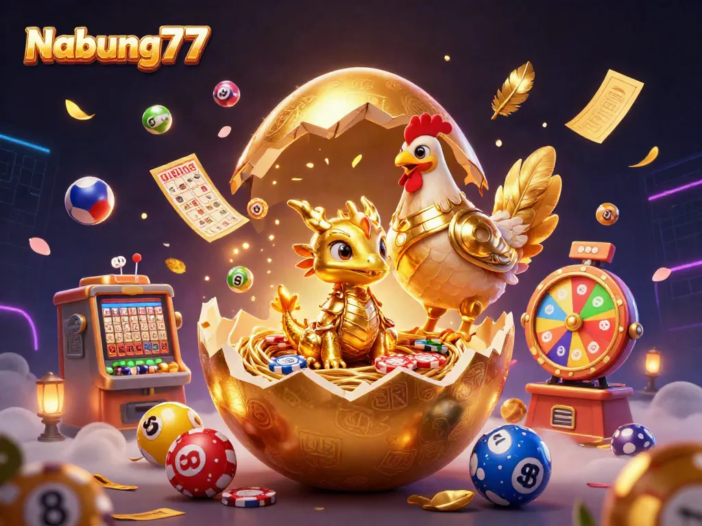 Nabung77 menampilkan ilustrasi 3D yang menakjubkan dengan naga emas berkilau di sarang chip poker, dikelilingi bola lotre berwarna cerah.