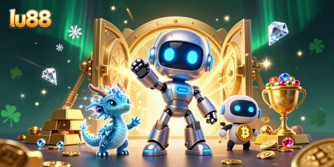 lu88 presents a vibrant AI-enhanced casino world with cartoon characters and treasures.