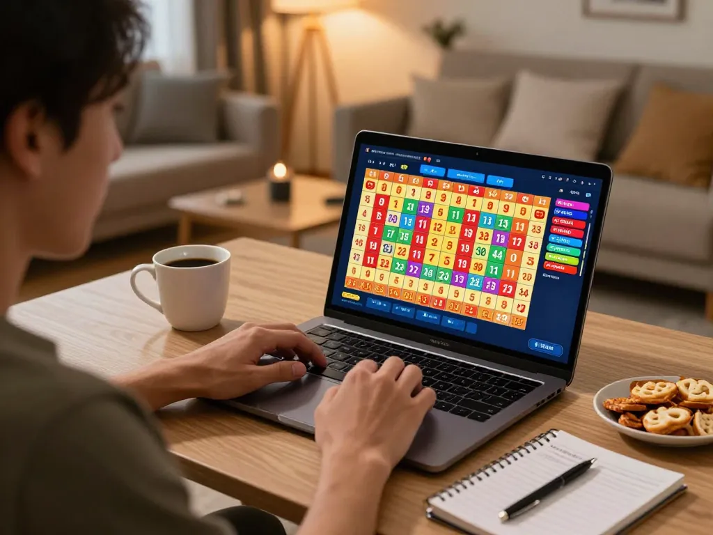 Engaging in lô đề online with a laptop while analyzing betting strategies in a cozy home