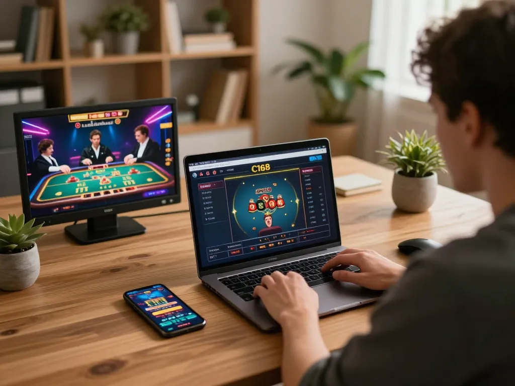 Experience dynamic online gaming with C168 on a modern laptop setup in a cozy home.