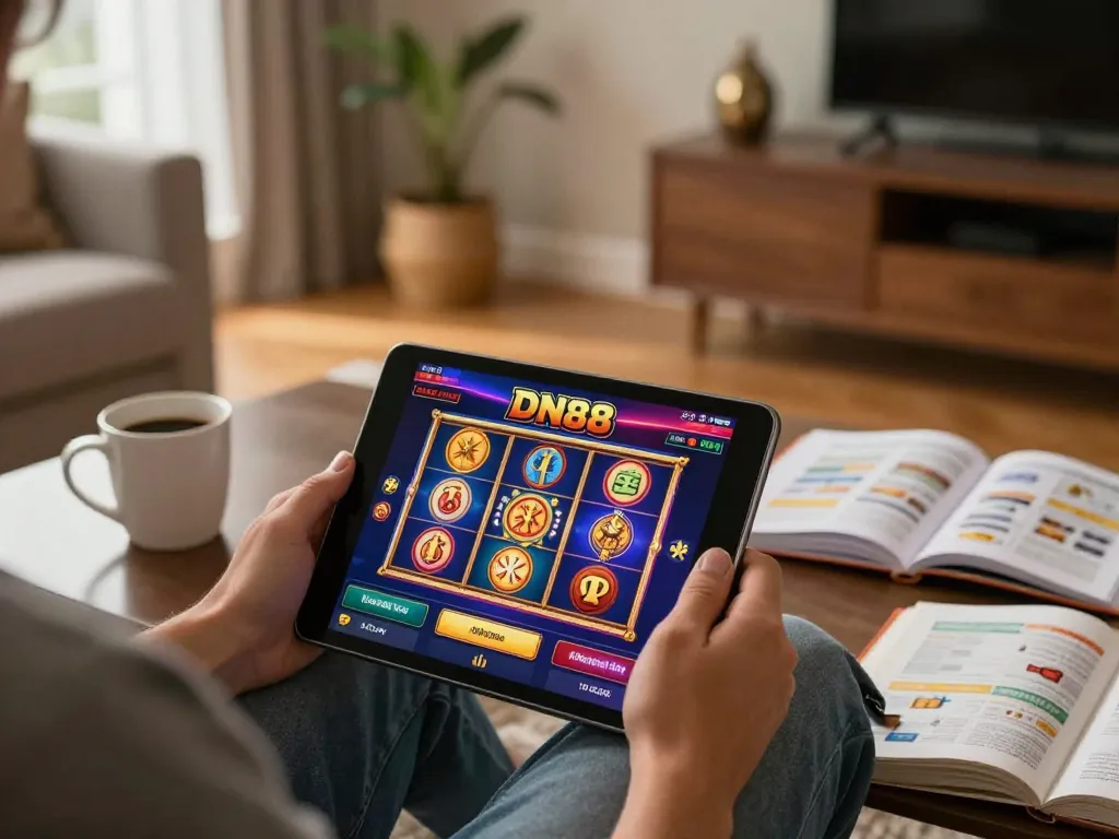 Engaging gameplay on DN88 online casino with colorful slot games displayed on a tablet in a cozy home setting.