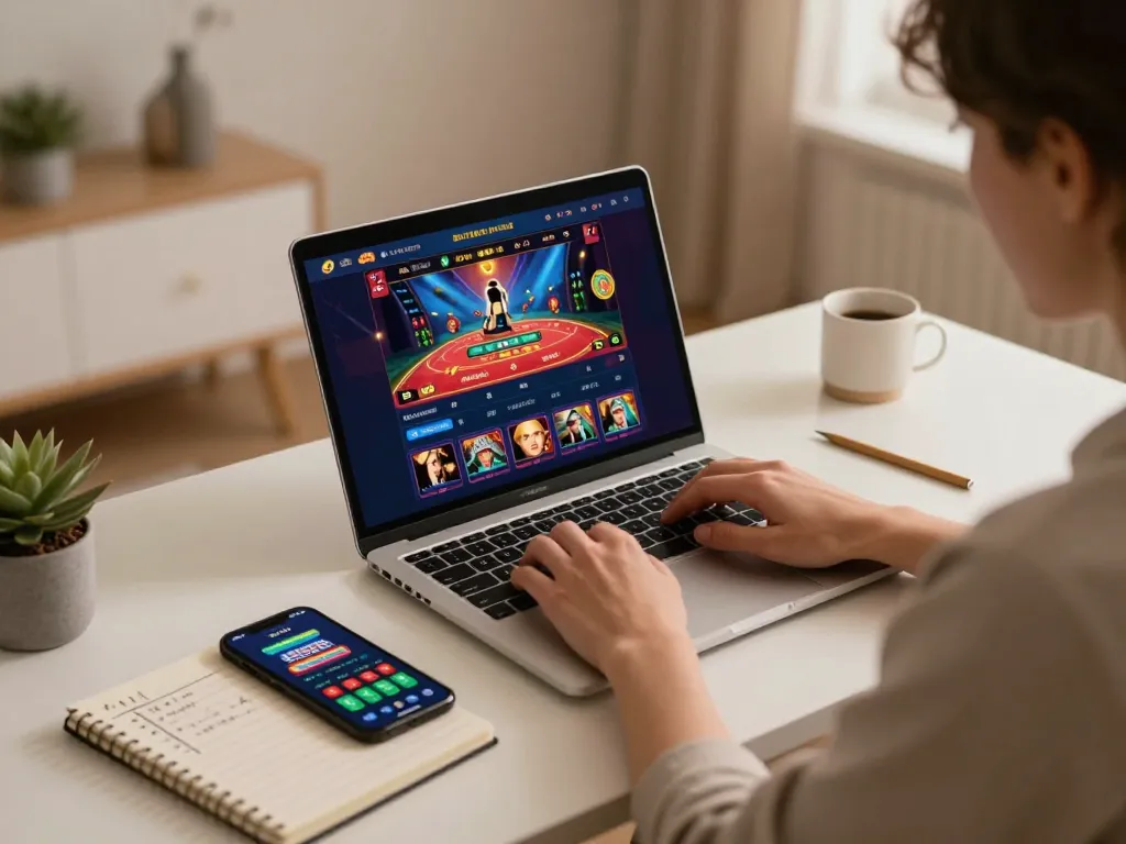 Engaged player enjoying an online gaming session at home, showcasing 789bethv with casino interface on laptop.