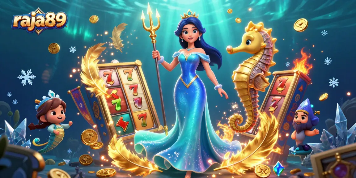 Engage with raja89's thrilling casino world, featuring a majestic underwater scene with slot reels and treasures.