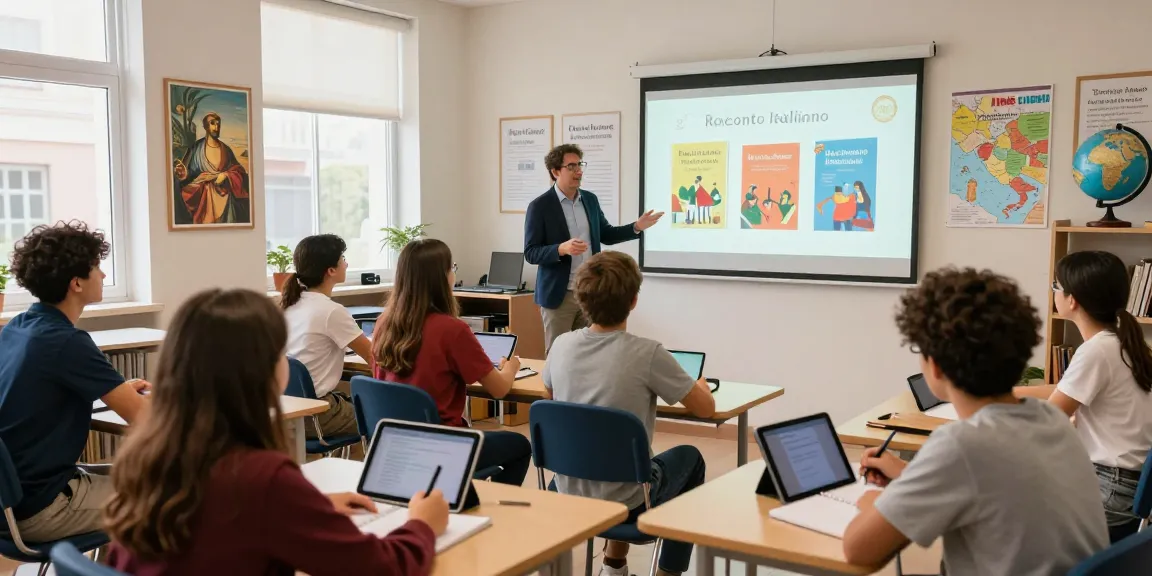 Students engaged in learning about Italian storytelling with toto togel concept in a bright classroom.