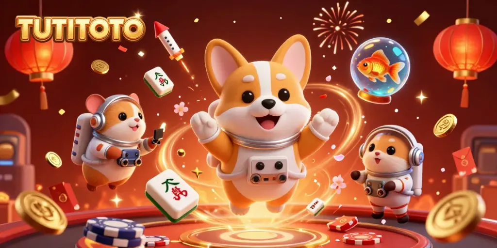TUTITOTO showcases a vibrant space casino scene with a floating corgi, coins, and festive elements.