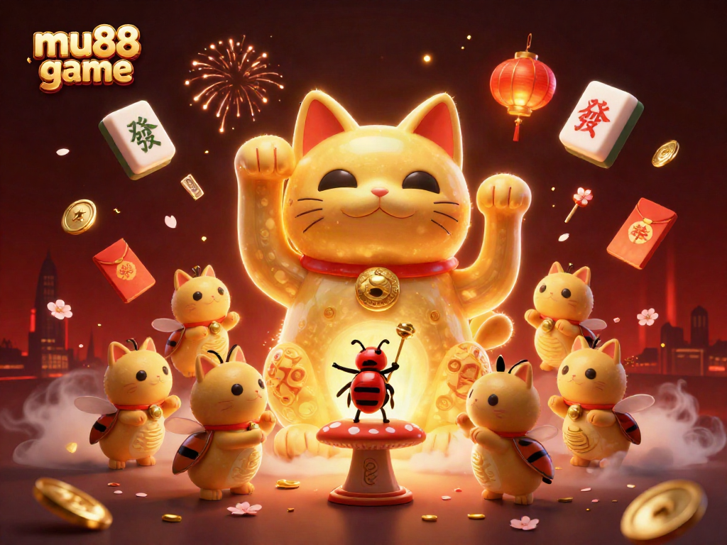Experience the enchantment of the mu88 game with lively casino symbols and a lucky cat illustration.