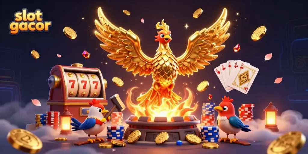 Slot gacor dengan phoenix emas dan permainan slot yang mengalir sebagai elemen utama.