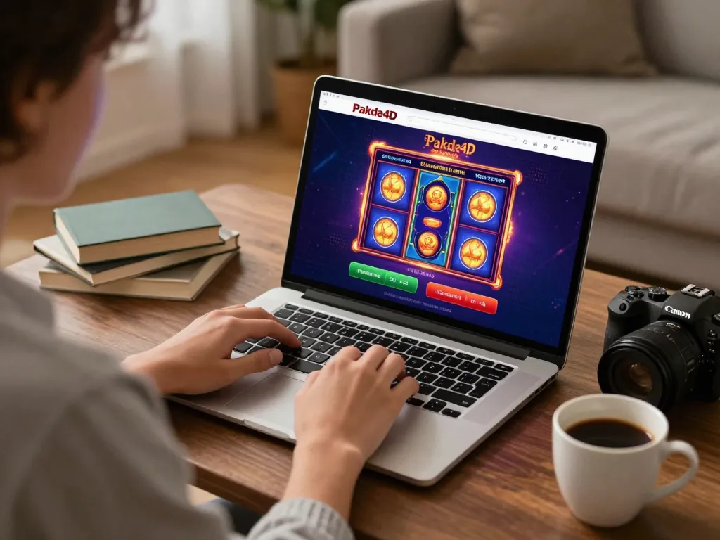 Player enjoying Pakde4D online slot games on a laptop in a cozy living room setting.