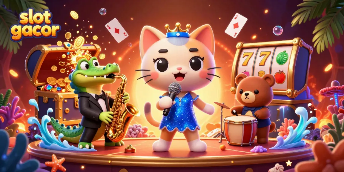 Engage with slot gacor scenes featuring a singing cat, saxophone crocodile, and drumming bear in a vibrant casino.