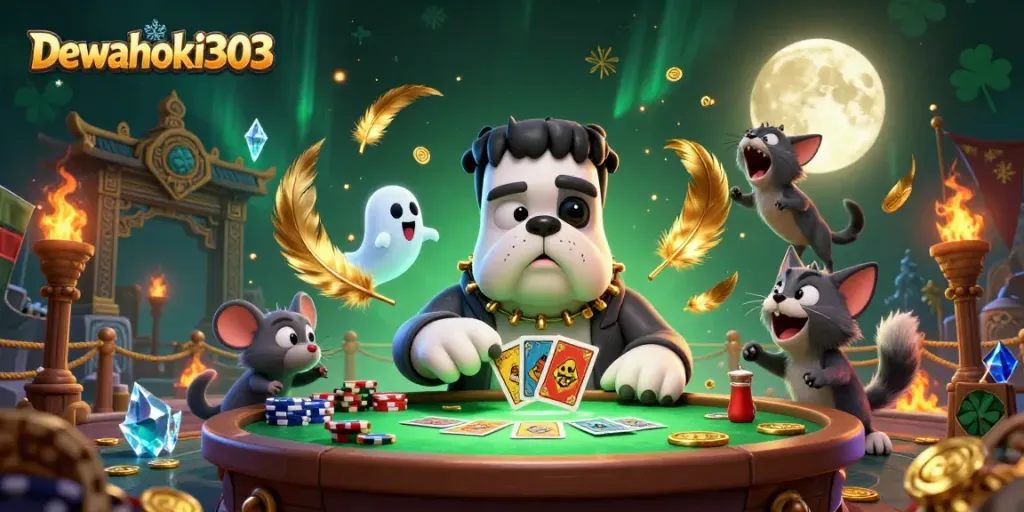 Dewahoki303 menampilkan Frankenstein bulldog monster dan werewolf kitten dalam panorama kasino, menghadirkan pengalaman bermain slot yang mendebarkan.