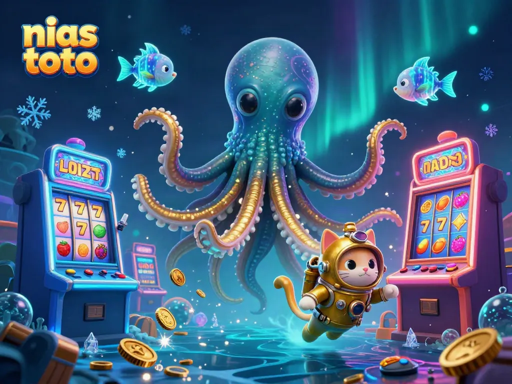 Gamer menemukan keberuntungan dengan nias toto melalui mesin slot dalam ilustrasi 3D yang hidup.