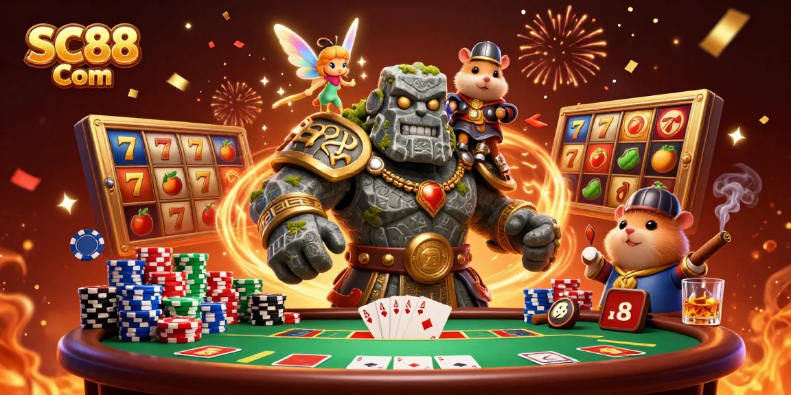 Engage in thrilling adventures with SC88 Com featuring a fairy, stone guardian, and hamster knight amidst casino games.