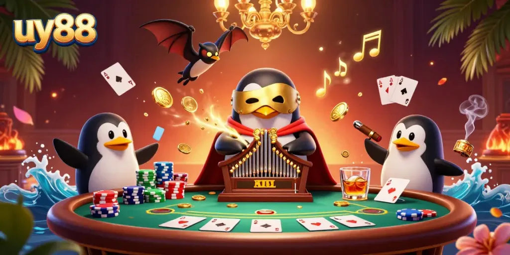 Experience the thrill at uy88 with a dazzling casino scene filled with animated characters and golden coins!
