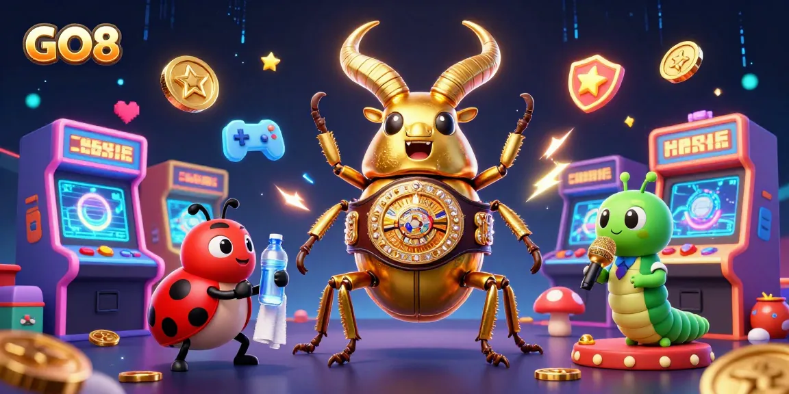 Engage with GO8’s immersive gaming universe featuring a boxing beetle, gaming machines, and vibrant energy.