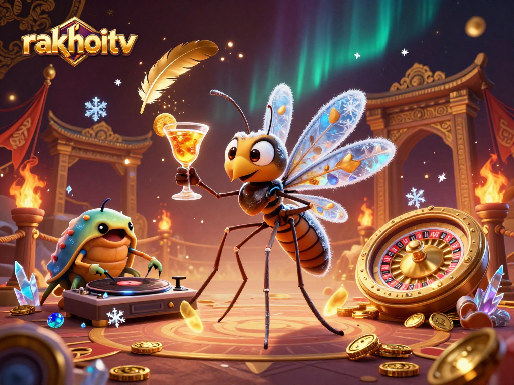 Experience excitement with rakhoitv's vibrant casino scene featuring a unique frozen mosquito mascot.