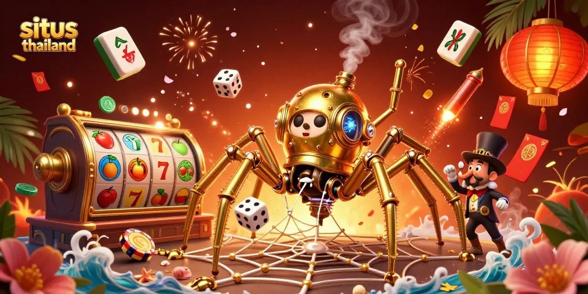 Situs Thailand features dynamic slot reels and a steampunk spider capturing luck in an intricate web.