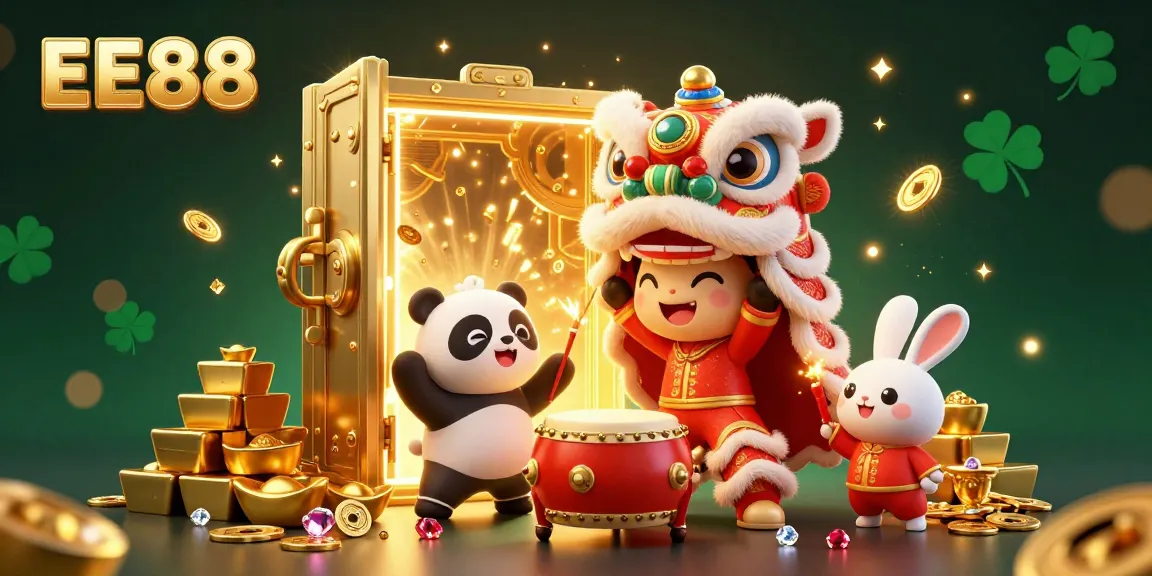 Winning at EE88 with a dynamic lion dance scene, sparkling jackpots, and festive characters.