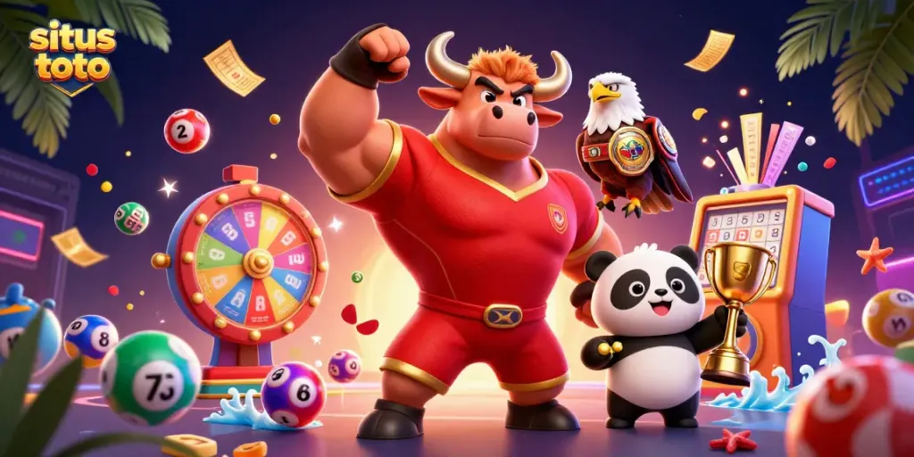 Menang besar dengan situs toto, dikelilingi bola lotere berwarna-warni dan elemen kasino menarik.