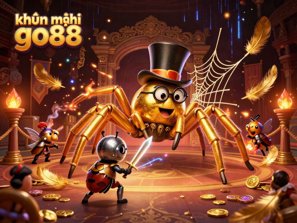 Engage with khuyến mãi go88 in a vibrant 3D casino scene featuring a golden tarantula, beetle knight, and moth spectators.