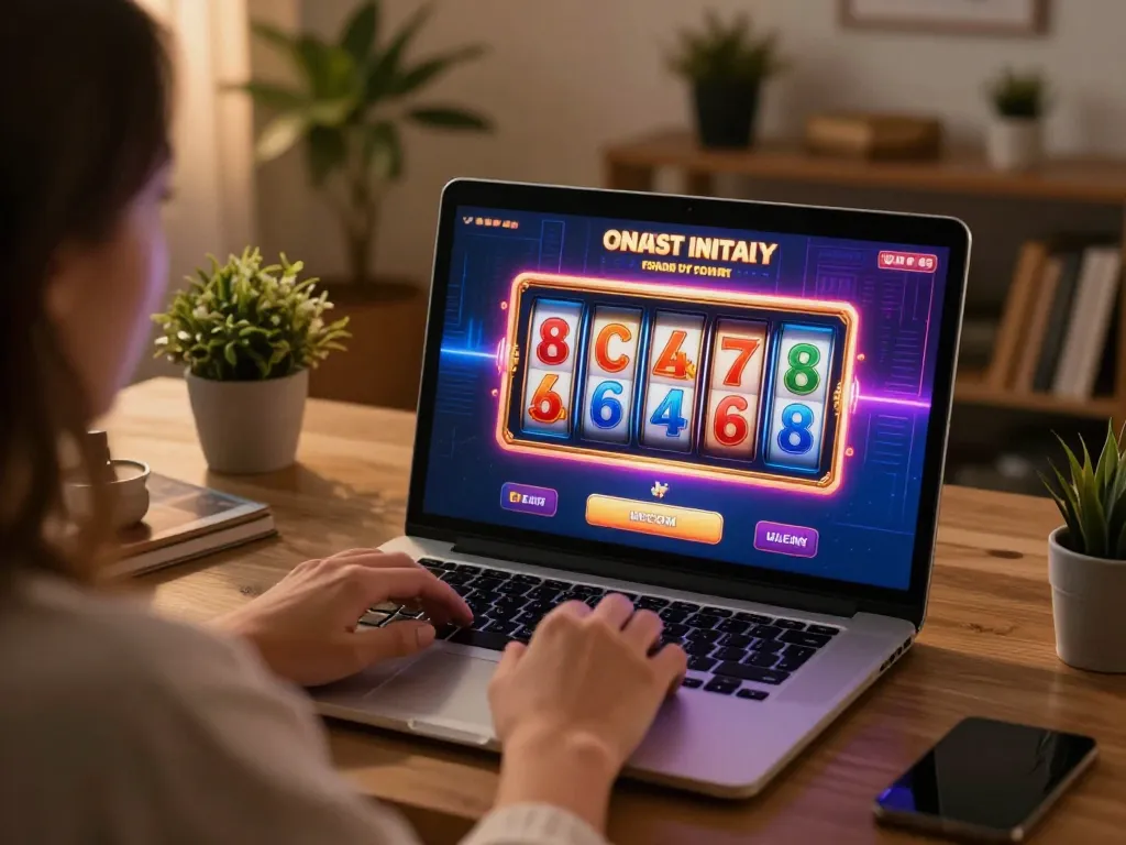 Engaging gameplay on LGOSUPER platform with user spinning online slot reels in a cozy home office.