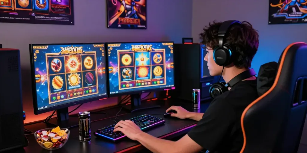Pengaturan permainan slot online pecah25 slot dengan pemain fokus di depan dua monitor dan penyimpanan permainan yang menarik.