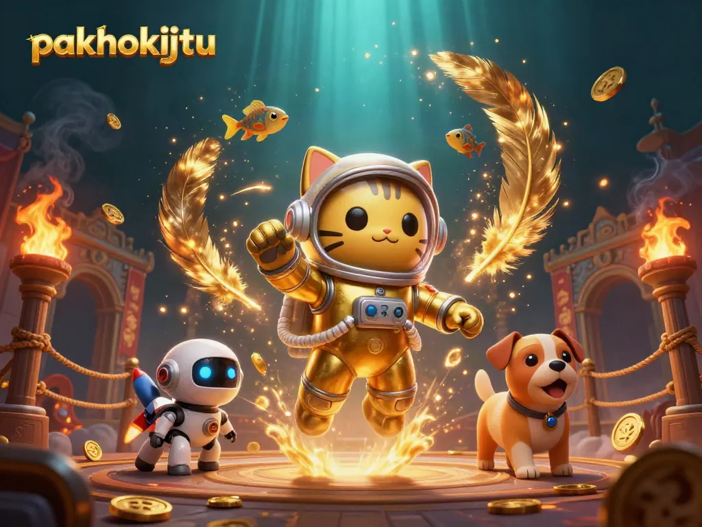 Taruhan pakhokijitu memperlihatkan astronot kucing dalam setelan emas dan anjing robot di tengah arena dengan ikan alien.