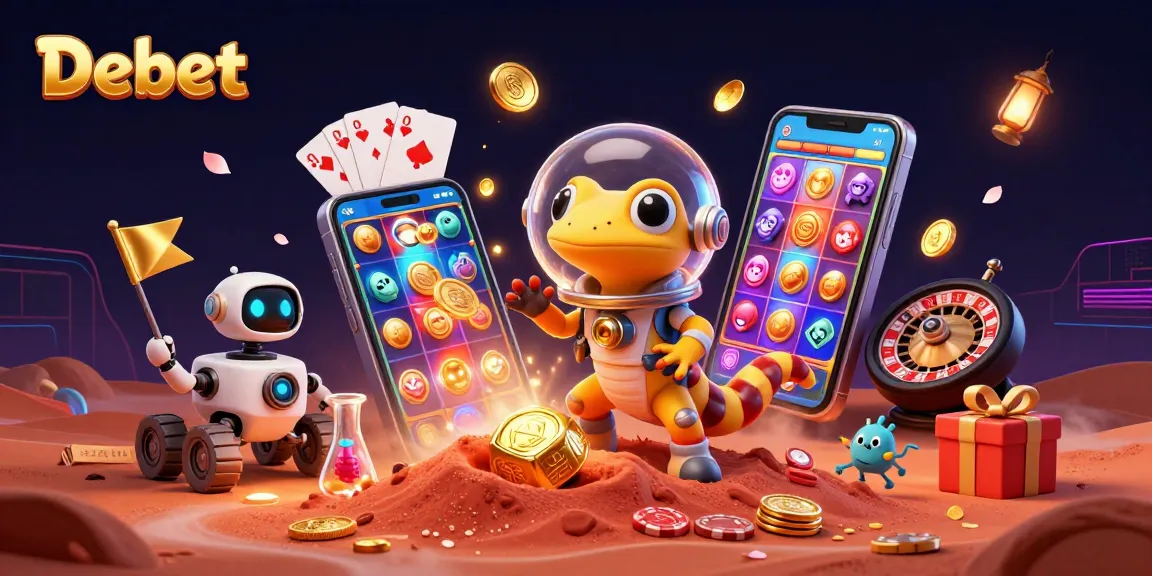 Discover Debet's vibrant casino world with a Martian gecko and exciting gaming elements.