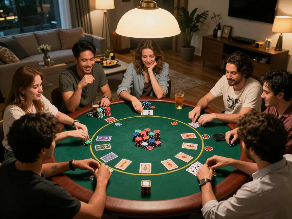 Enjoying a thrilling poker night while betting on toto sgp with friends in a cozy home setting.