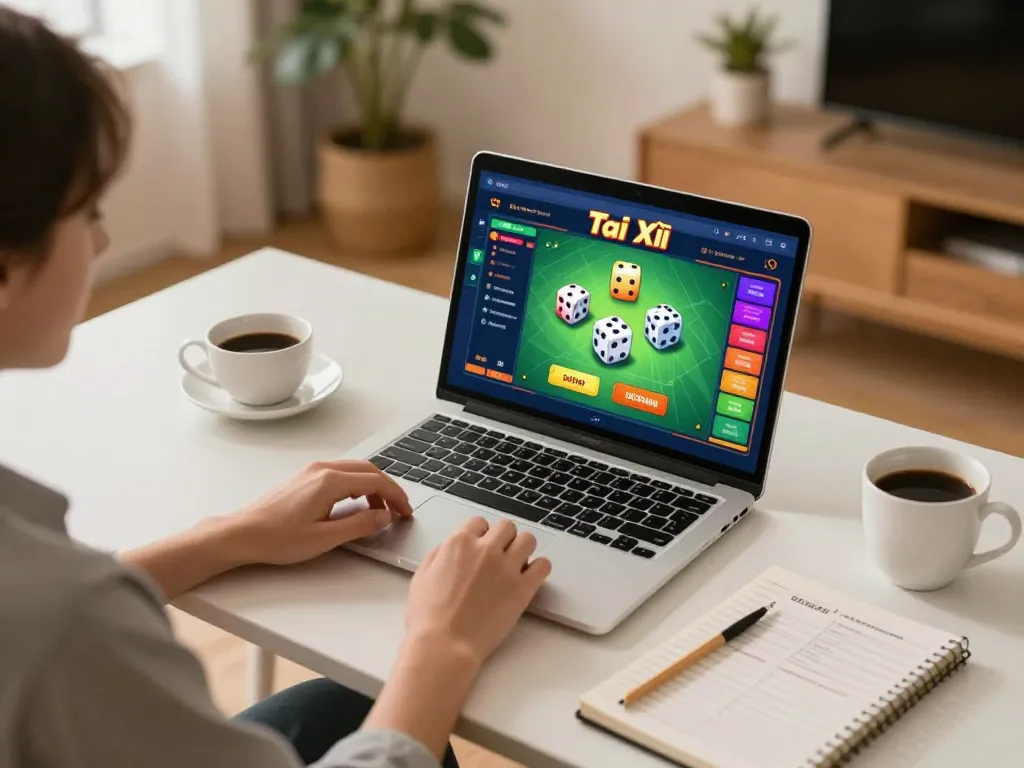 Tài Xỉu online game interface visible as a player strategizes with notes in a cozy home setup.