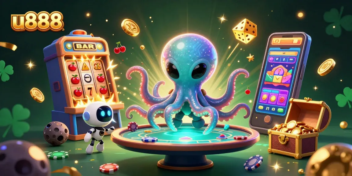 Engage with u888's vibrant 3D gambling universe featuring an alien octopus at a poker table.
