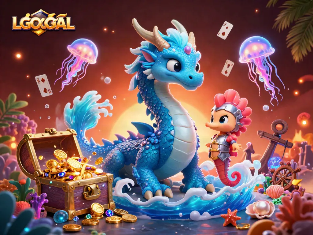 Engage with LGOGOAL's vibrant gaming experience featuring a dragon, seahorse, and treasure.