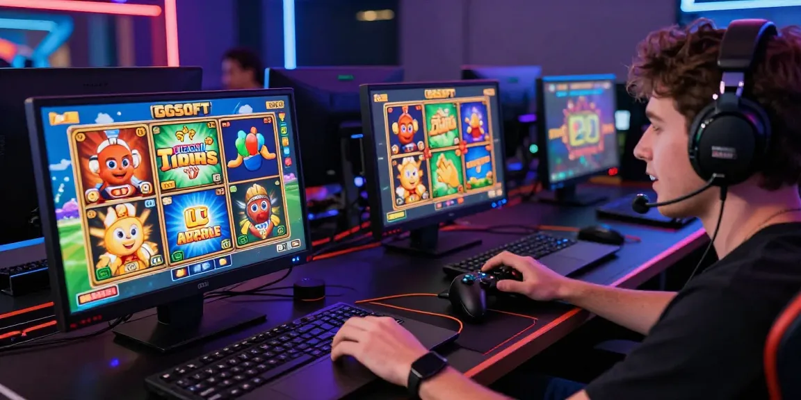Penikmat slot bermain game GGSOFT di laptop dengan grafik menarik dan aksesori gaming.