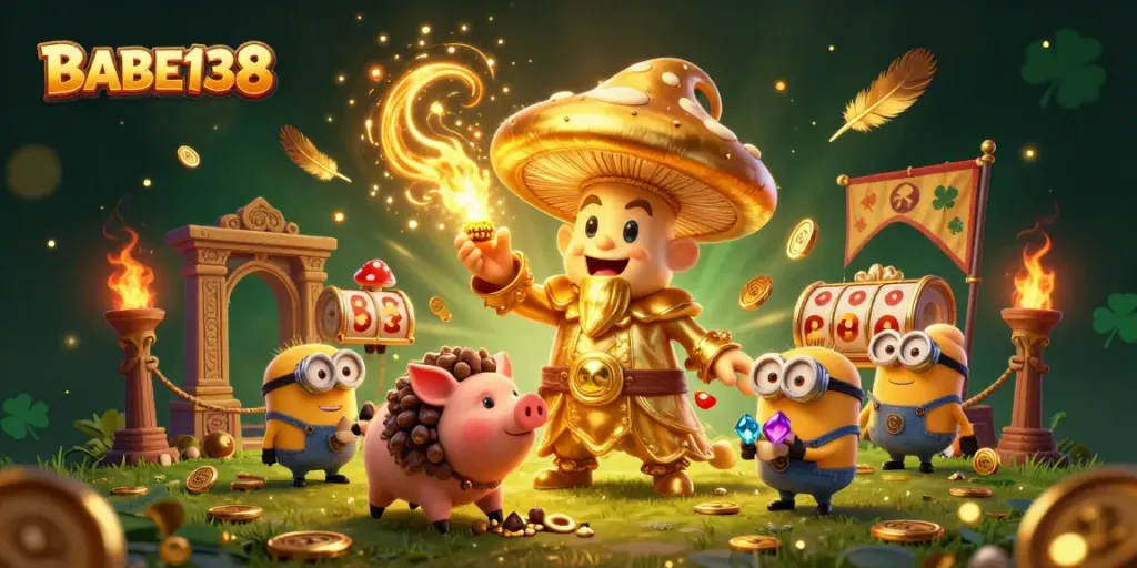 Temukan pengalaman bermain slot seru dengan BABE138 dalam ilustrasi 3D yang penuh warna dan detail.