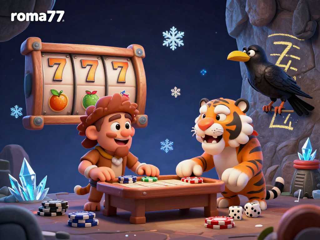 Slot permainan roma77 di kasino prasejarah dengan koin emas dan simbol buah.