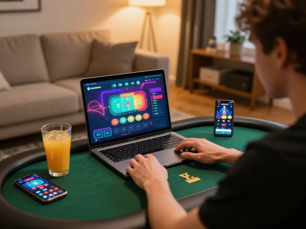 Pemain LGO99 menikmati permainan poker strategis di laptop dengan antarmuka menarik di rumah