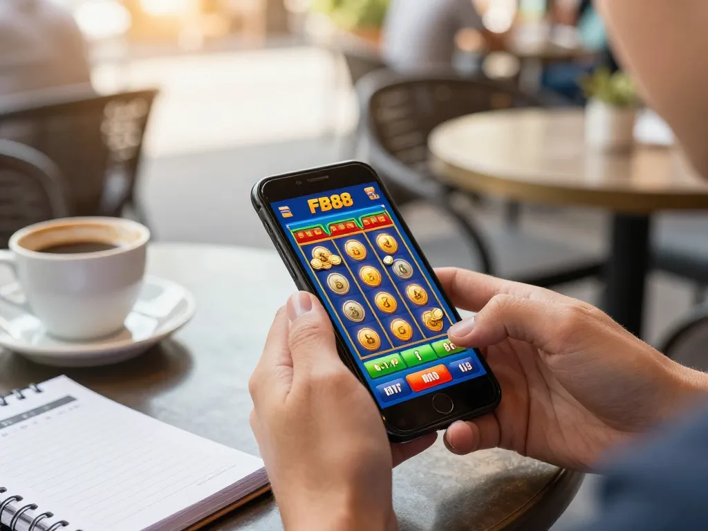 Person enjoying the FB88 casino app on smartphone while sipping coffee, showcasing engaging mobile gaming experience.
