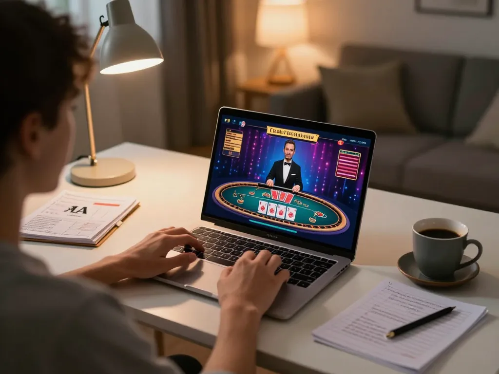Player engaging with nk88 live casino on laptop, showcasing responsible online gaming setup and strategy.