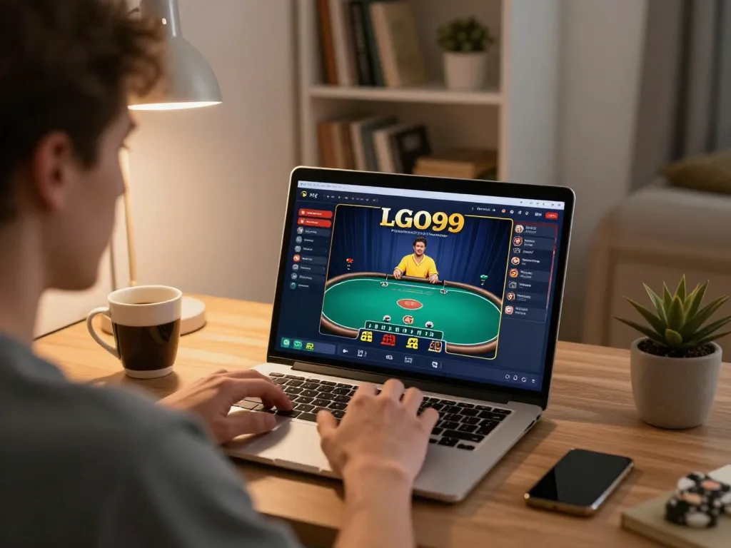 LGO99 player engaging in live poker from home office, showcasing a vibrant online experience.