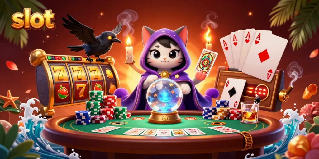 Slot gacor dengan karakter kucing ramal dan burung gagak di kasino, menampilkan simbol buah dan jackpot.