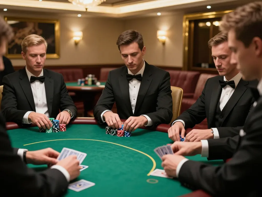 Players strategizing over high-stakes poker game in luxurious VIP room at SC888, showcasing intensity and excitement.