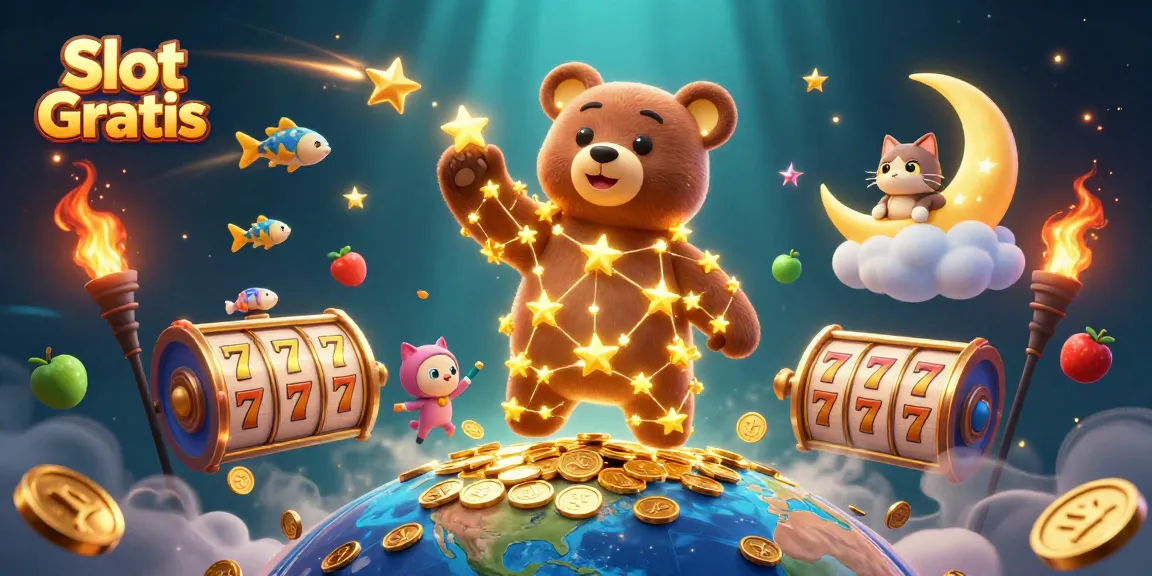Engage in thrilling Slot Gratis action with golden star characters and vibrant slot symbols spinning around.
