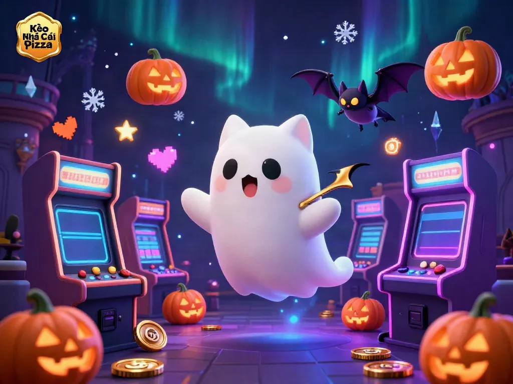 Engage in thrilling games at Kèo Nhà Cái Pizza with a captivating haunted casino illustration.