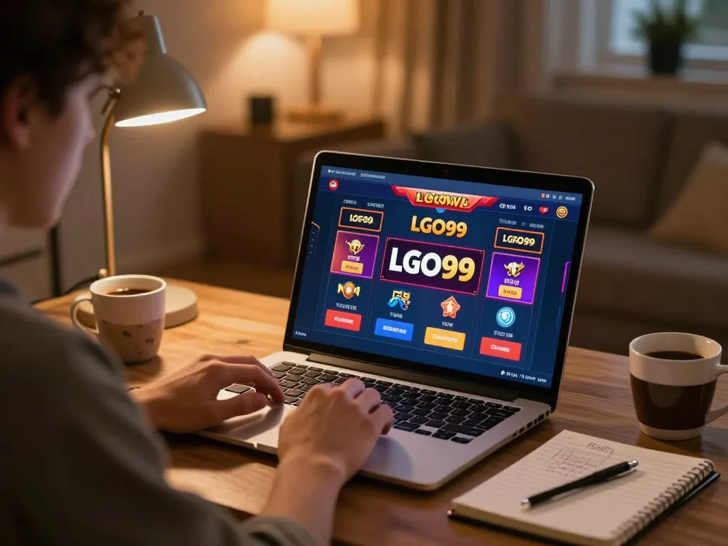 LGO99 player enjoying online slots in a cozy home environment with ambient lighting