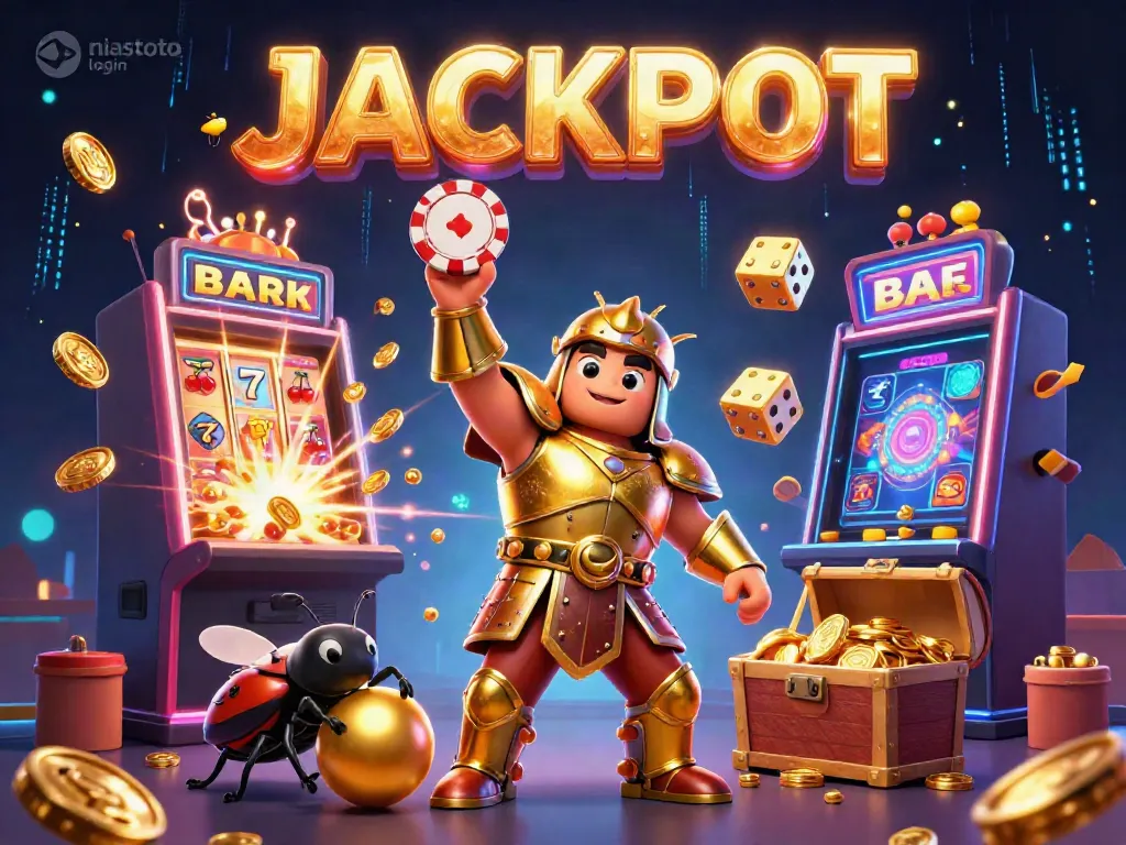 Animasi kartun 3D niastoto login dengan simbol jackpot dan mesin slot yang penuh koin