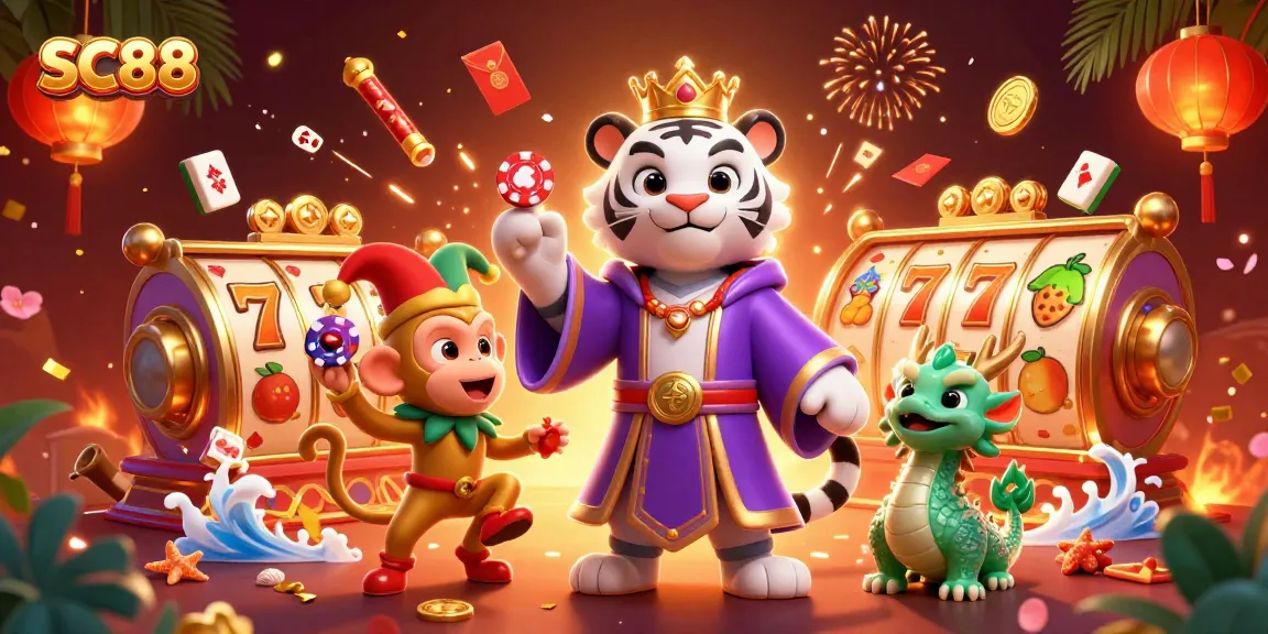 Experience SC88's vibrant gaming excitement with a royal tiger, monkey, and jade dragon under dazzling lights.