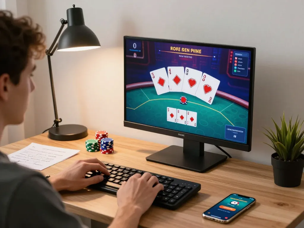 IDNSCORE player strategizing in an exciting online poker game with vibrant chips and cards.