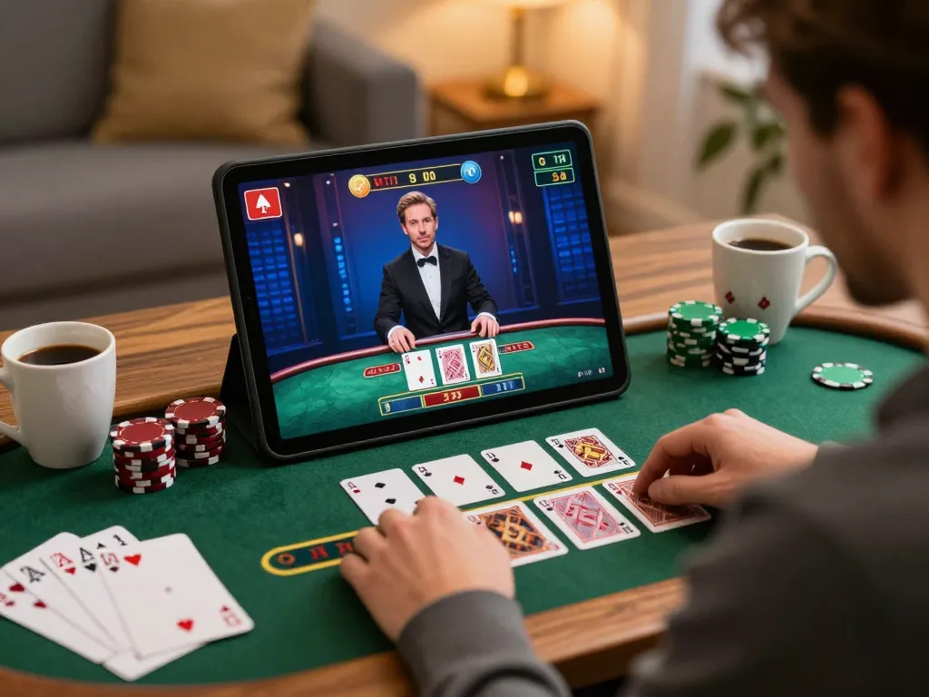 KADAL778 user engaged in strategic online blackjack gameplay at home with warm ambiance.