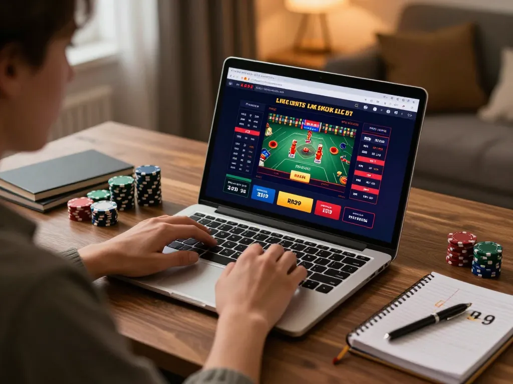 Engaged player exploring RR99 betting options on a laptop, showcasing online gambling excitement.