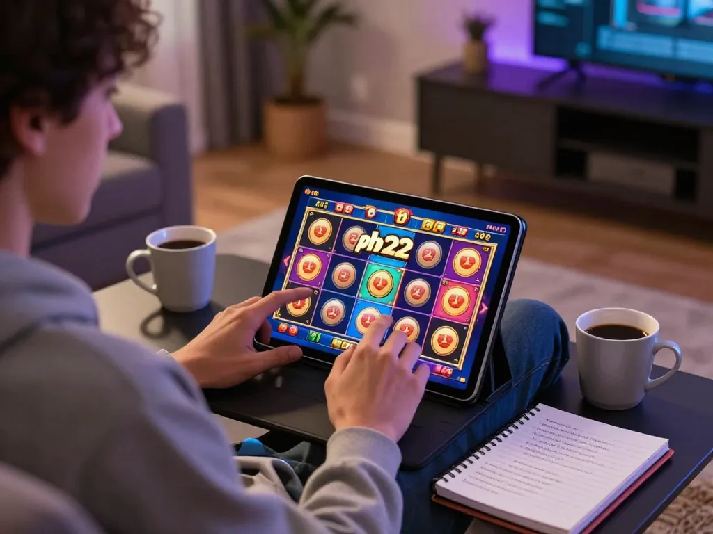 Player enjoying ph22 slots on a tablet in cozy living room setting, showcasing strategic gaming