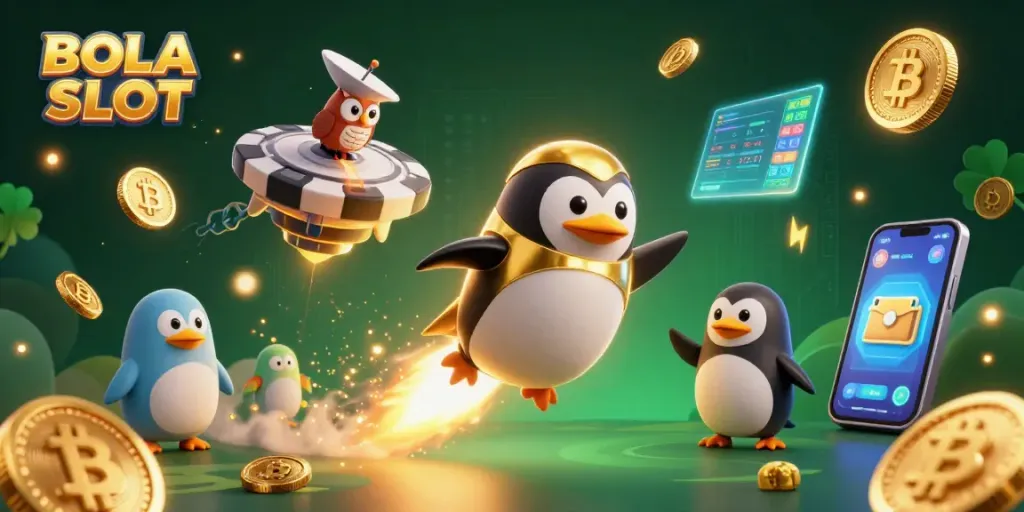 BOLA SLOT showcases a golden penguin flying towards a casino space station amidst dazzling crypto elements.